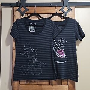 Disney Black Grey Striped Cotton Blend Cinderella and Mickey Tshirts Siz…